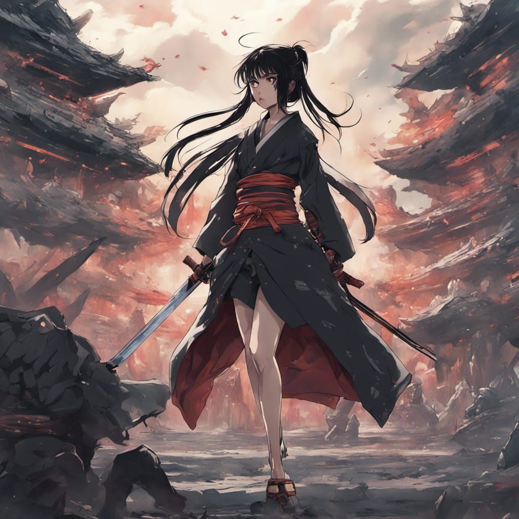 Anime Woman Samurai Faces Monster Horde