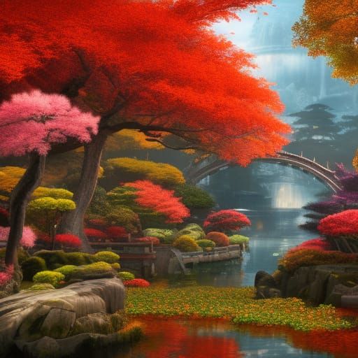 Autumn Japan Garden in Detailed Matte Painting