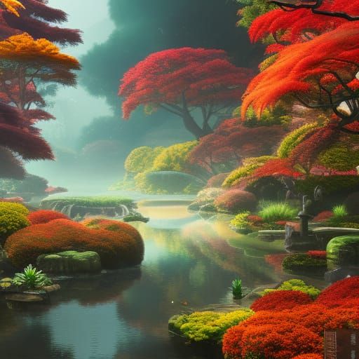 Detailed Autumn Japanese Garden Matte Painting