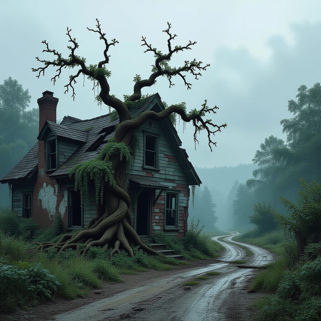Oak Tree Embraces Crumbling House, Digital Matte Painting