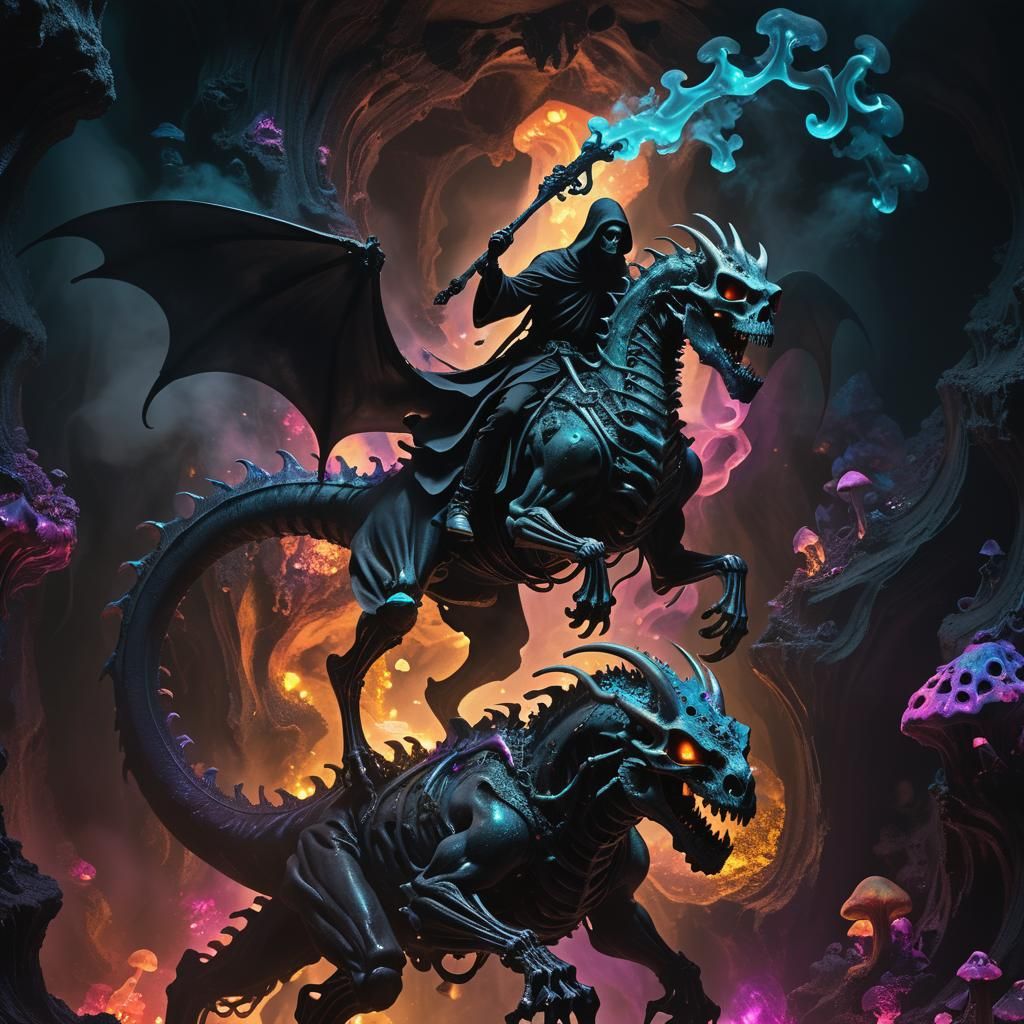Grim Reaper Rides Dragon Through Bioluminescent Cavern