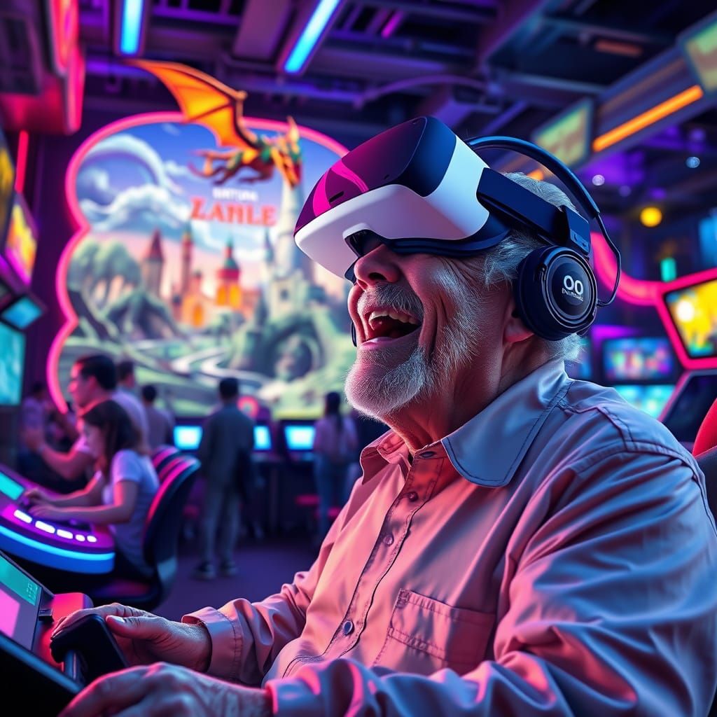 Elderly Man's VR Joy in Futuristic Arcade, Fantasy Concept A...