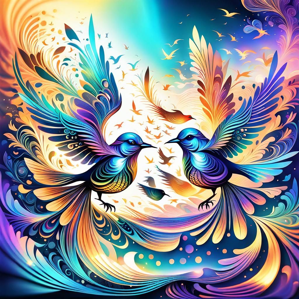 Iridescent Birds Dancing in a Sunset Sky