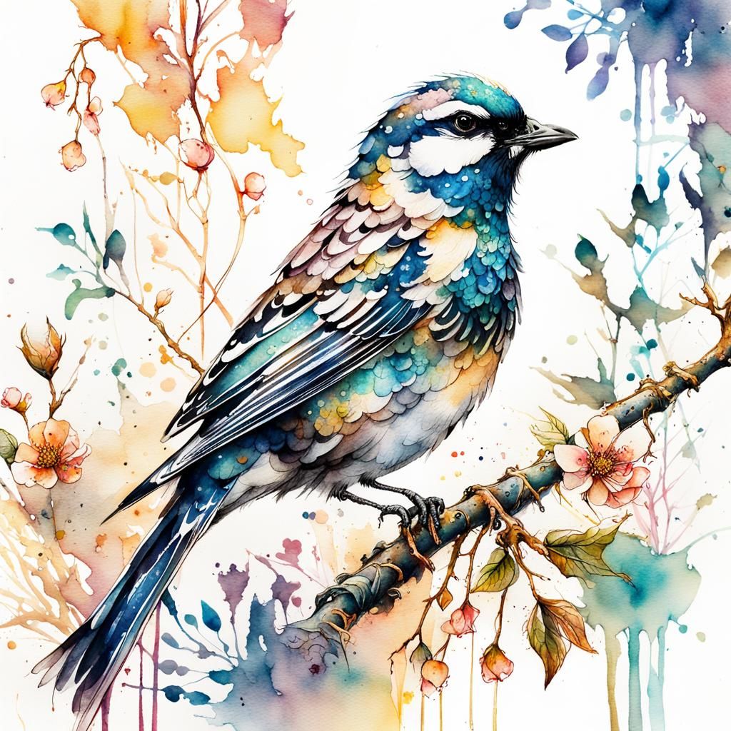 Blossom Bird in Whimsical Watercolor Wonderland