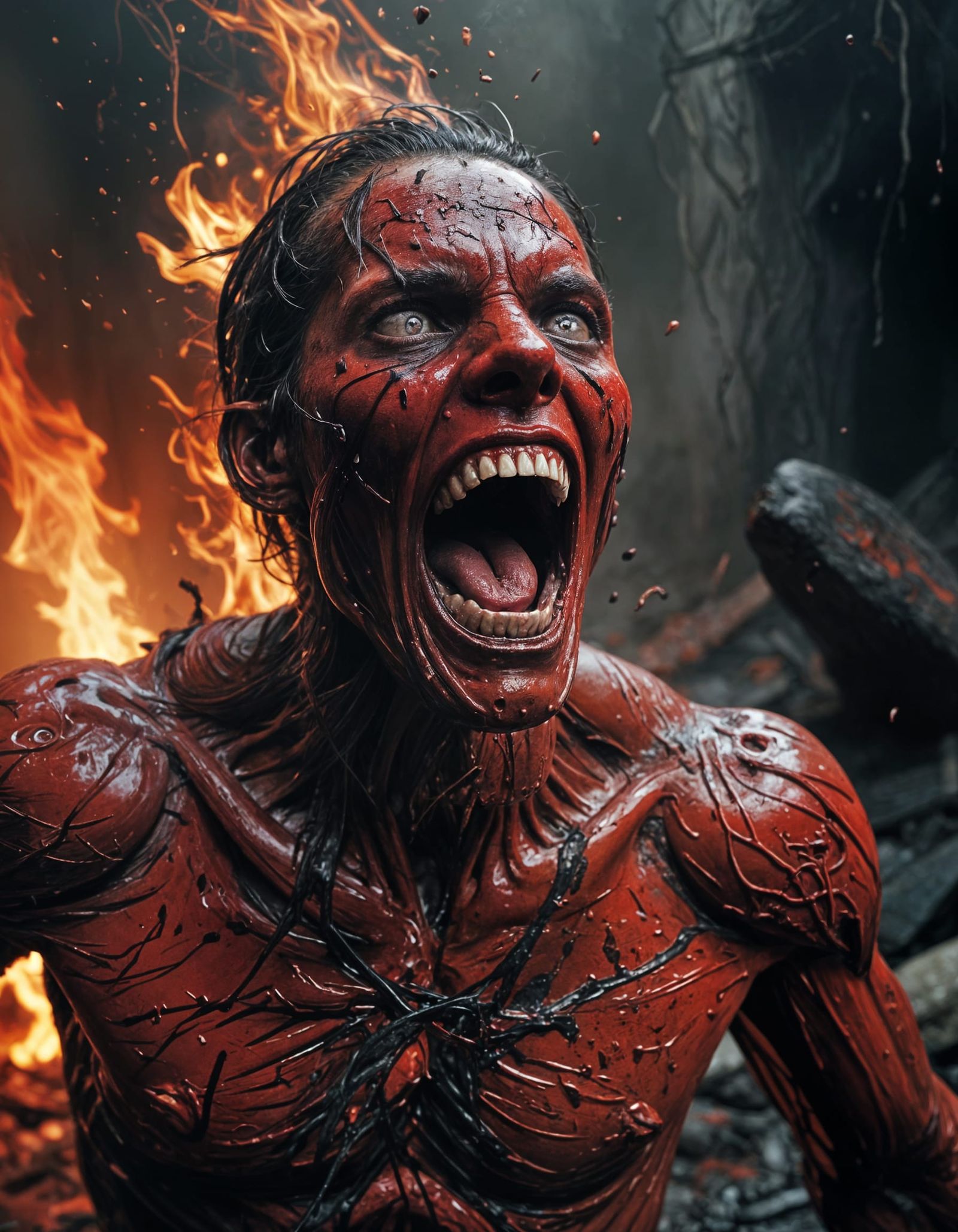 Expressionist Vision of Screaming Figures in Crimson Smoke