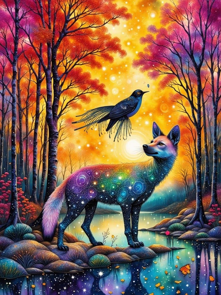 Joyful Hyena in Surreal Star-Tree World