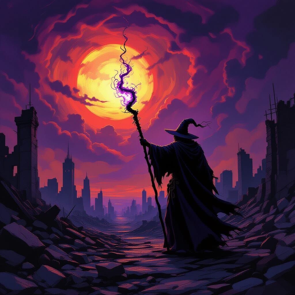 Wizard in Post-Apocalyptic City Casting Dark Energy Spell