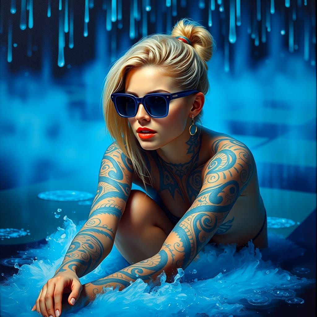 Tattooed Woman in Blue Light: Hyperdetailed Oil Painting