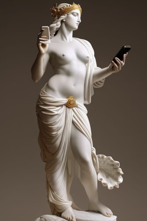 Aphrodite Statue Mesmerized by Smartphone, Digital Art