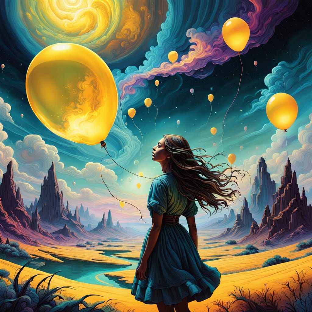 Girl With Yellow Balloon in Surreal Dreamscape