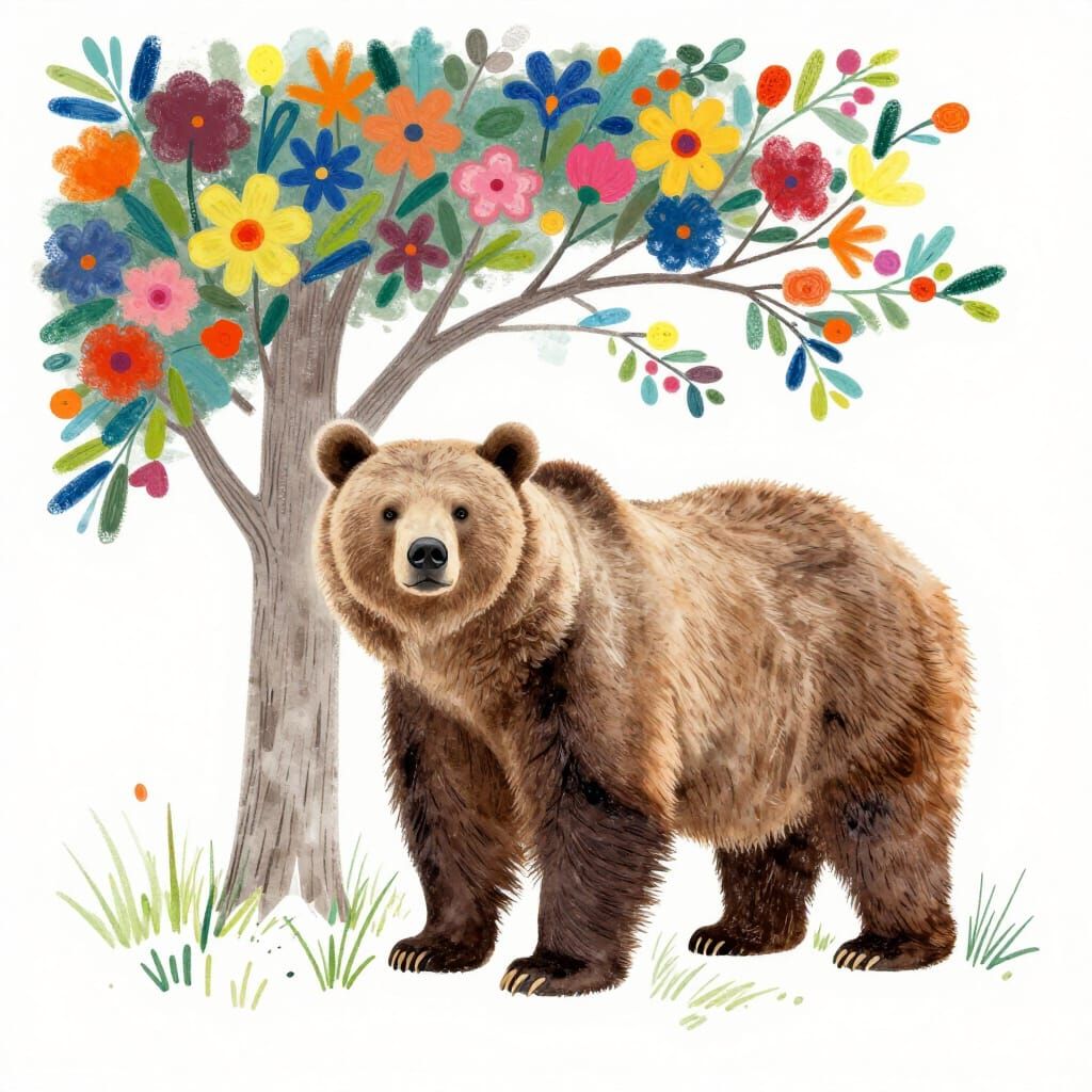 Majestic Bear Beside Vibrant Tree in Painterly Style