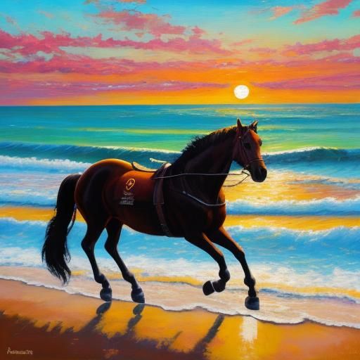 Horse on Beach Sunset in Expressionist Style