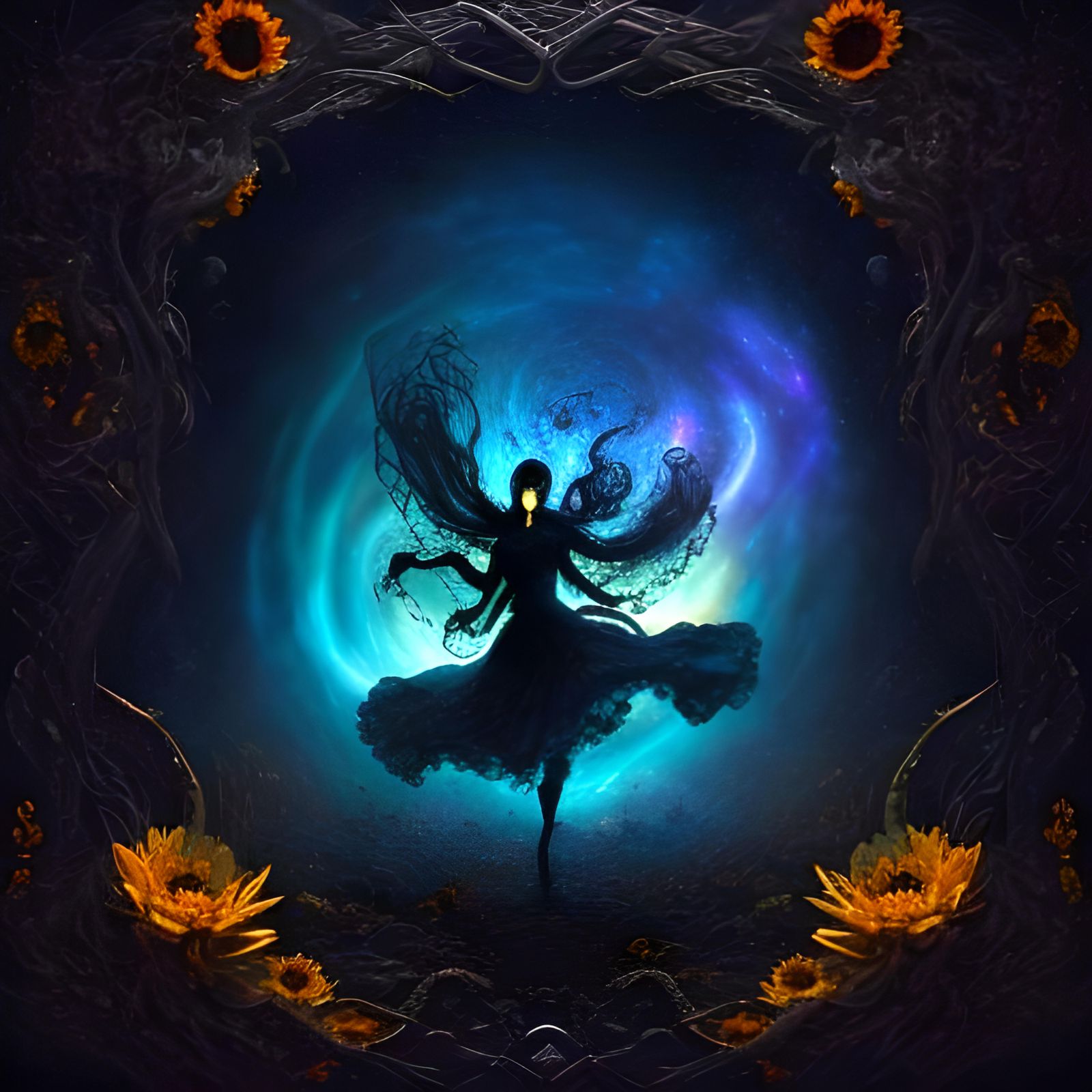 Ethereal Black Sunflowers in a Surreal Landscape