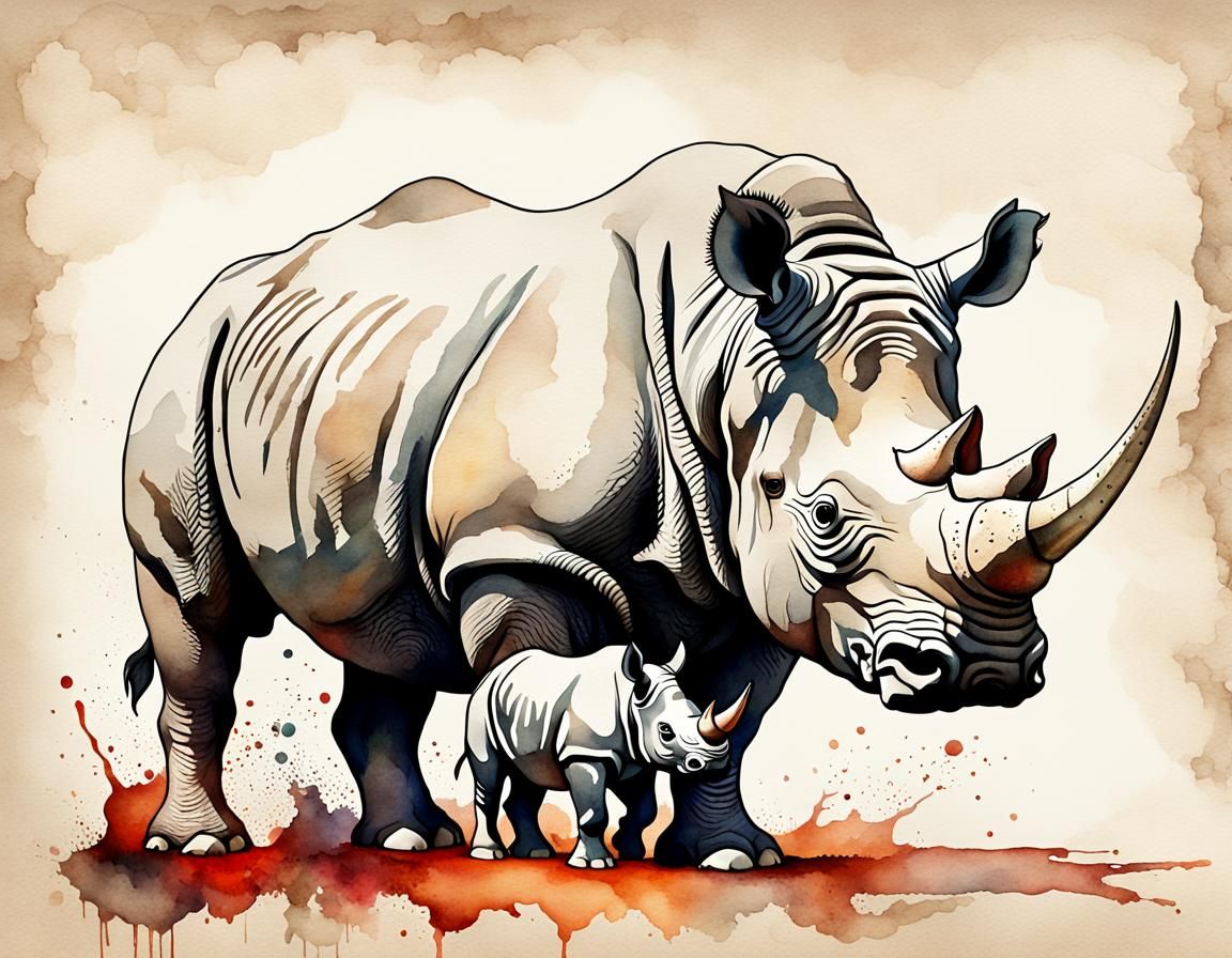 Rhinoceros with baby rhino