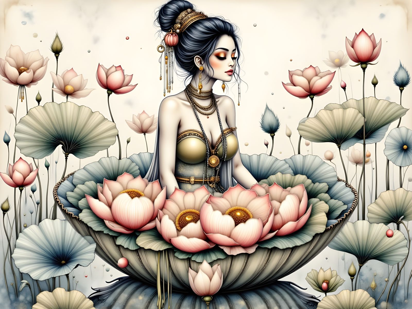 Indian Woman in Lotus Blossom, Watercolor Illustration