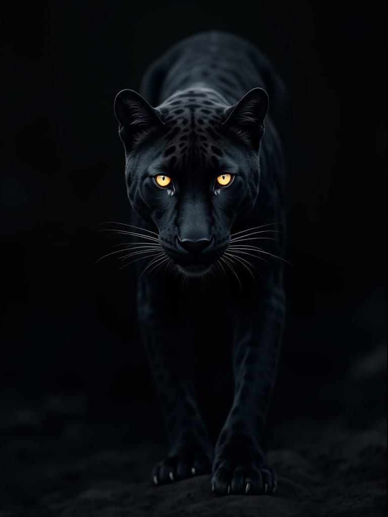 Sleek Black Jaguar Illuminated by Golden Eyes in Dark