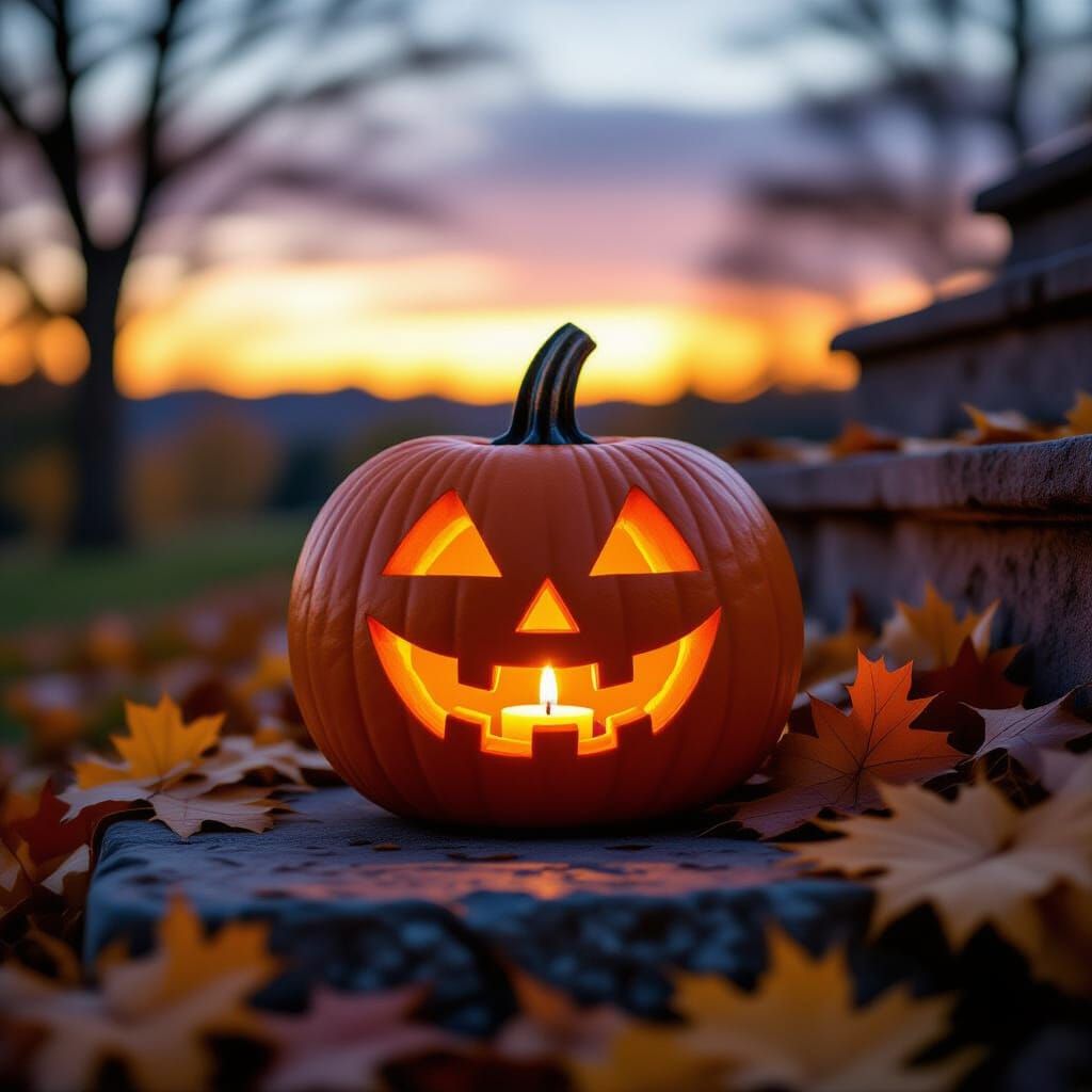 Antique Carved Pumpkin with Candle on Autumn Steps