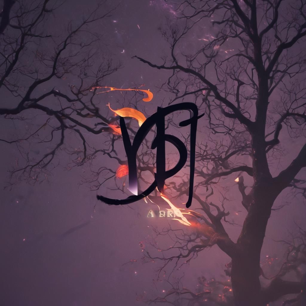 Fiery Logo with Barren Tree: Dark Fantasy Art