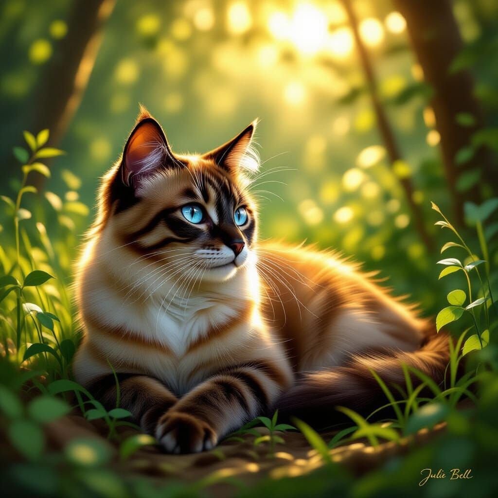 Siamese-Tabby Cat in Sunlit Forest Clearing