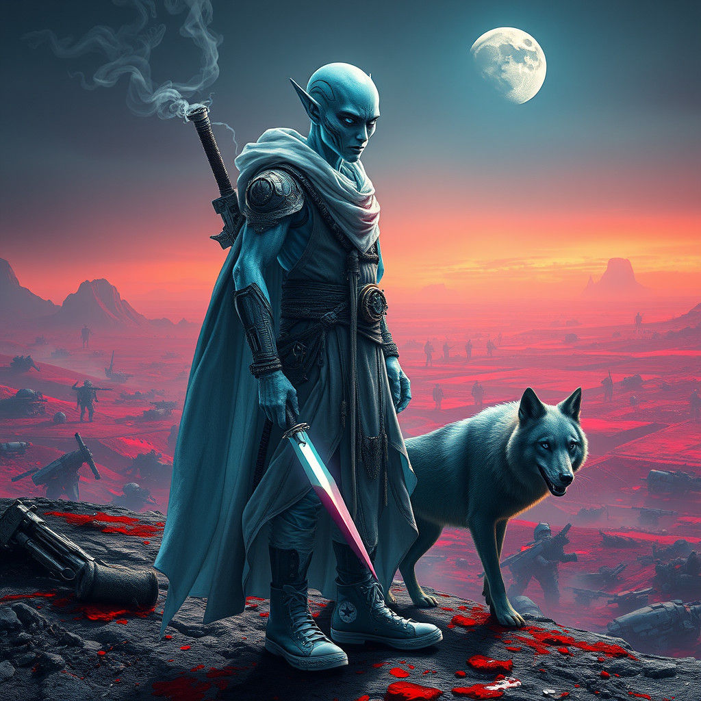 Alien Priest on Crimson Battlefield with Laser Sword