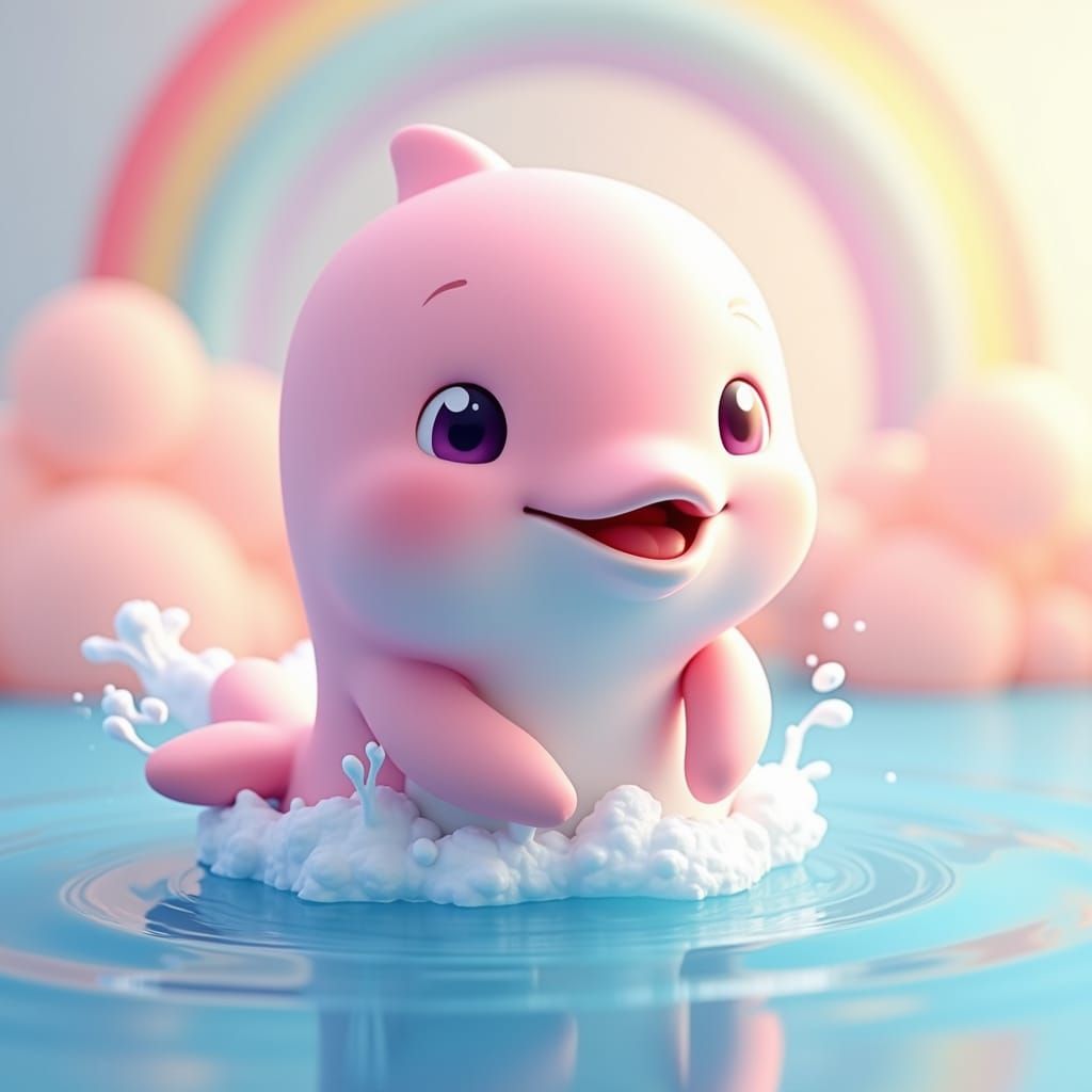 Pink Dolphin Leaping Through Pastel Rainbows as 3D Art