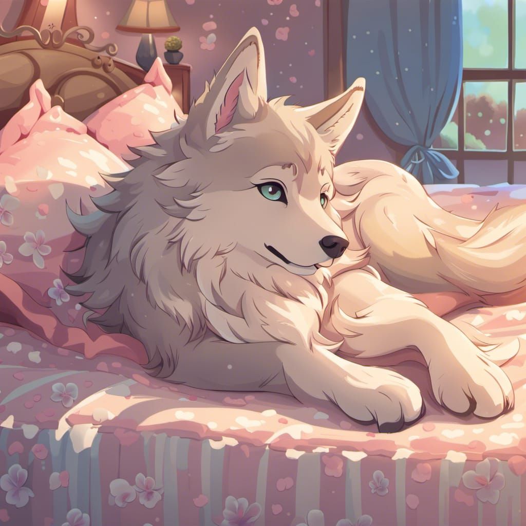 Cute Wolf Reclining in Kawaii Anime Style