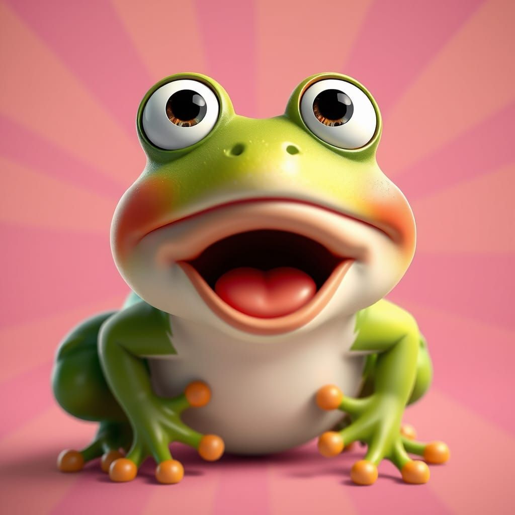 Super-surprised cute, appealing frog 3d character illustration with exagerrated expression, eyes popping out and mouth o...