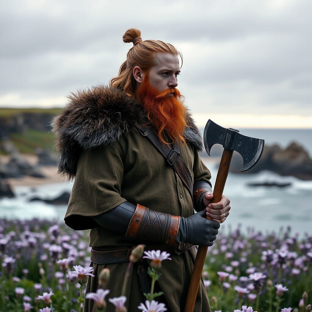 Viking Warrior in Field of Flowers: Cinematic Realism
