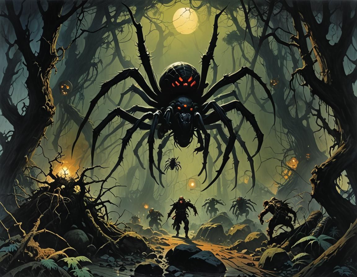 Dark Fantasy Forest with Giant Spiders