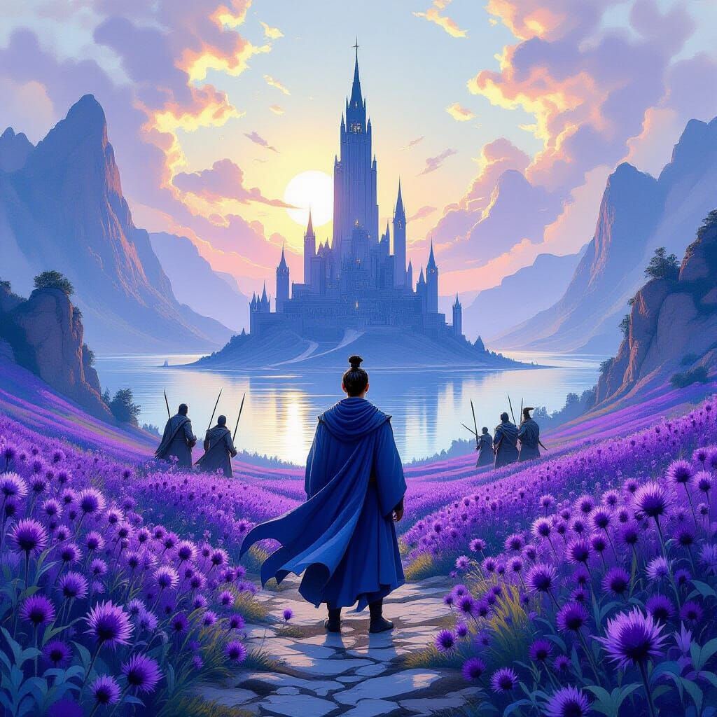 Chinese Wizard Towerhouse with Thistles, Watercolor Style