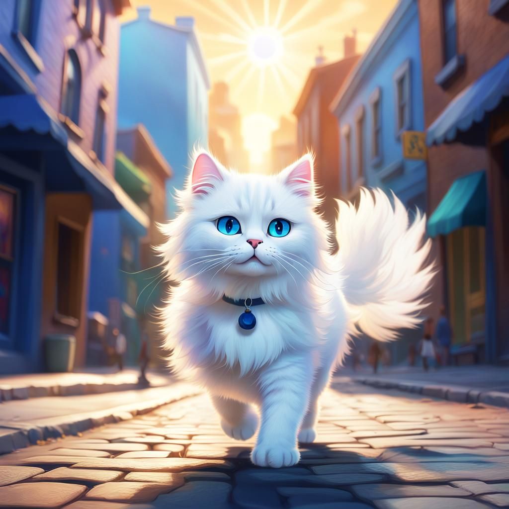 Fluffy White Cat Walking: Pixar-Inspired Digital Art