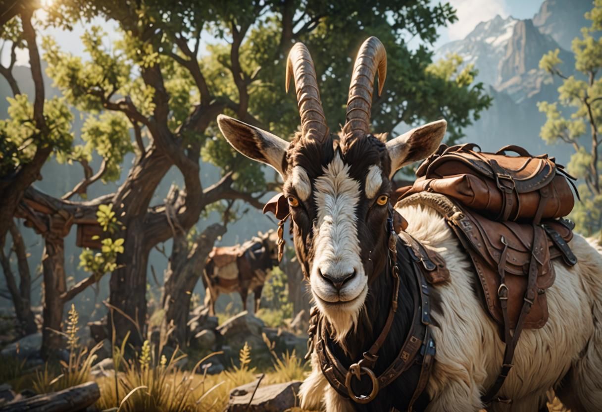 Horned Goat with Saddle in 3D Cinematic Style
