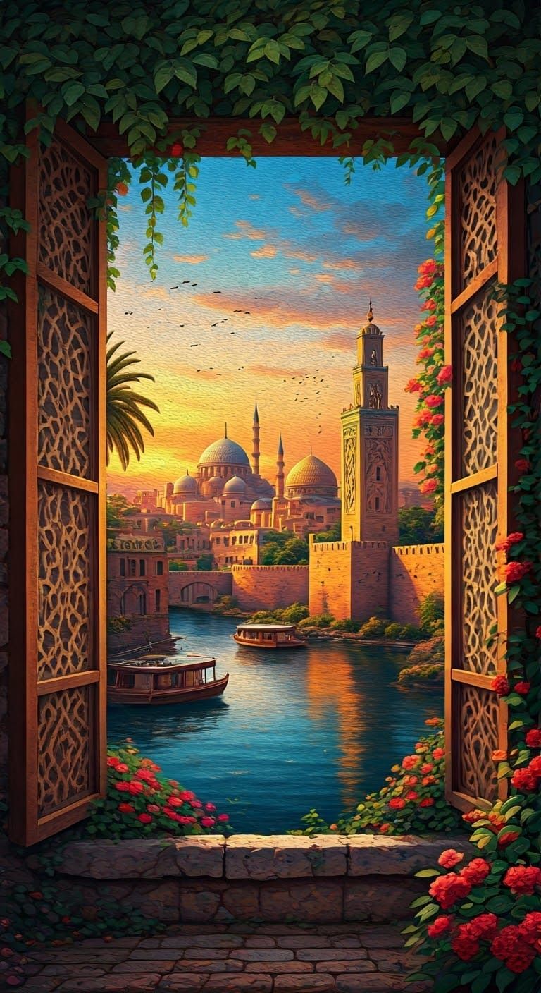 Sunset View Through Ornate Stone Window