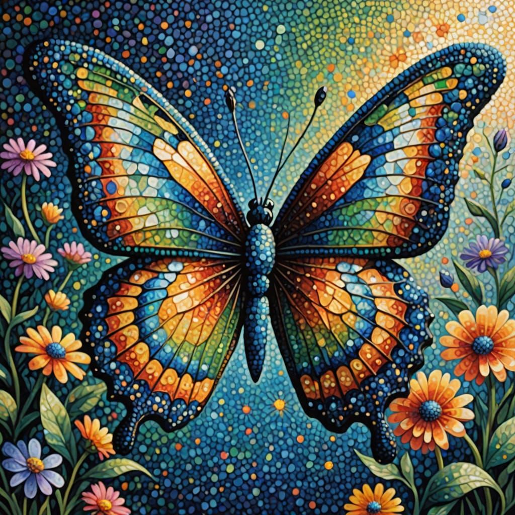 Iridescent Butterfly in Pointillist Style