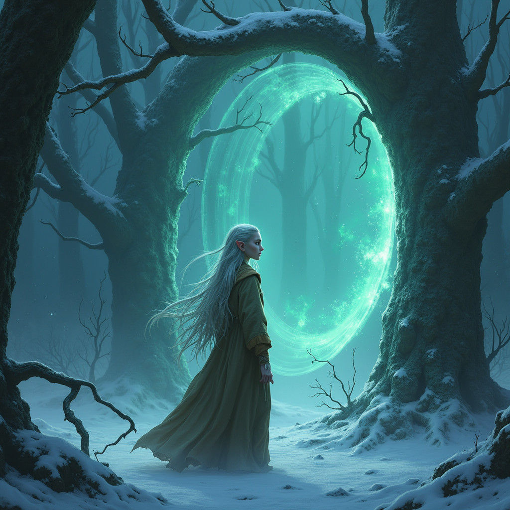 Elven Woman Searching for Portal in Snowy Forest