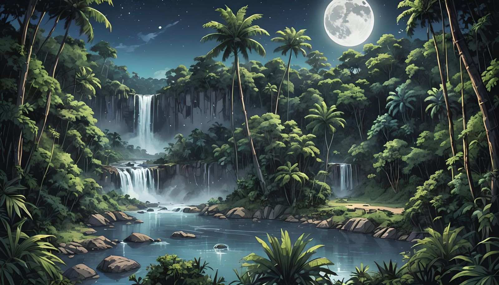 Amazon River Jungle at Night in Anime Style
