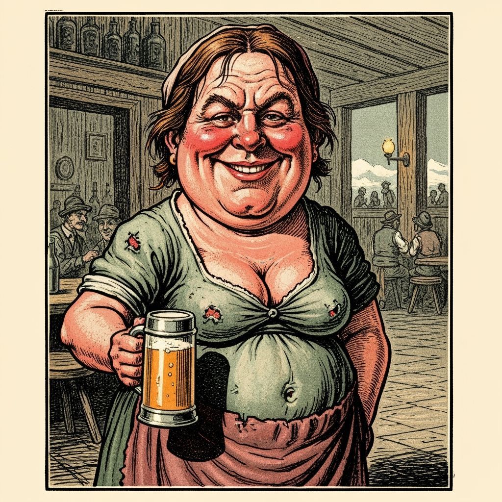 Vintage Woodcut Style Caricature of a Jovial Woman with a St...