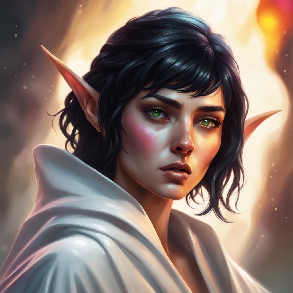 Hyperrealistic Elf Wizard in White Robes