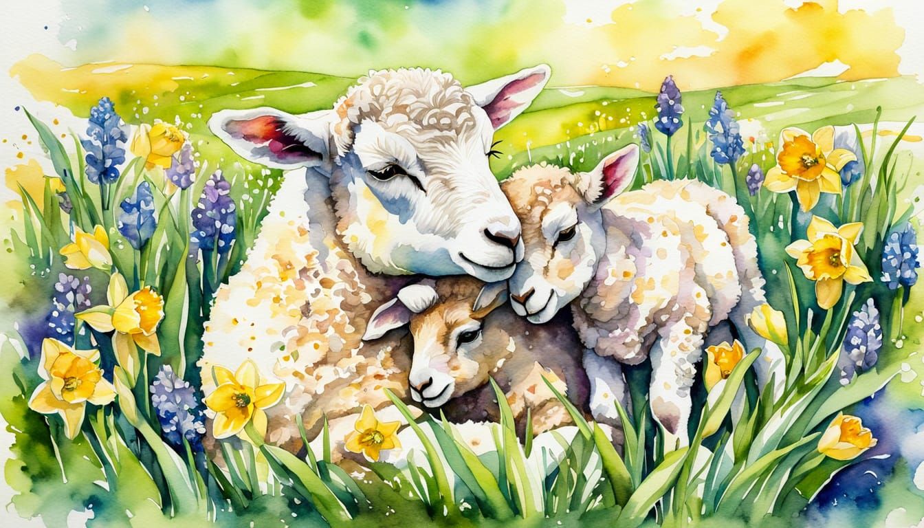 Baby Lamb Nuzzling Mother in Vibrant Spring Meadow