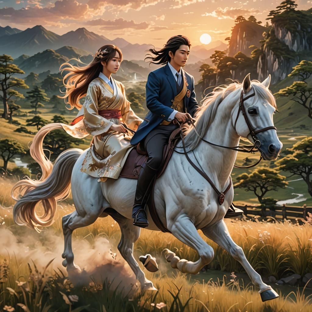Anime Couple on Horseback in 3D Render