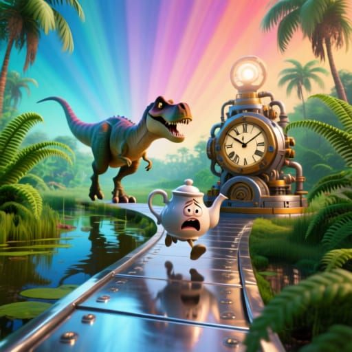 A T-Rex is on a polished shiny metal path that strikes off into green wilderness, over streaming swamp, among giant fern...