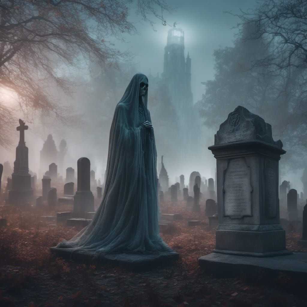 Skeleton Emerges in Foggy Gothic Graveyard
