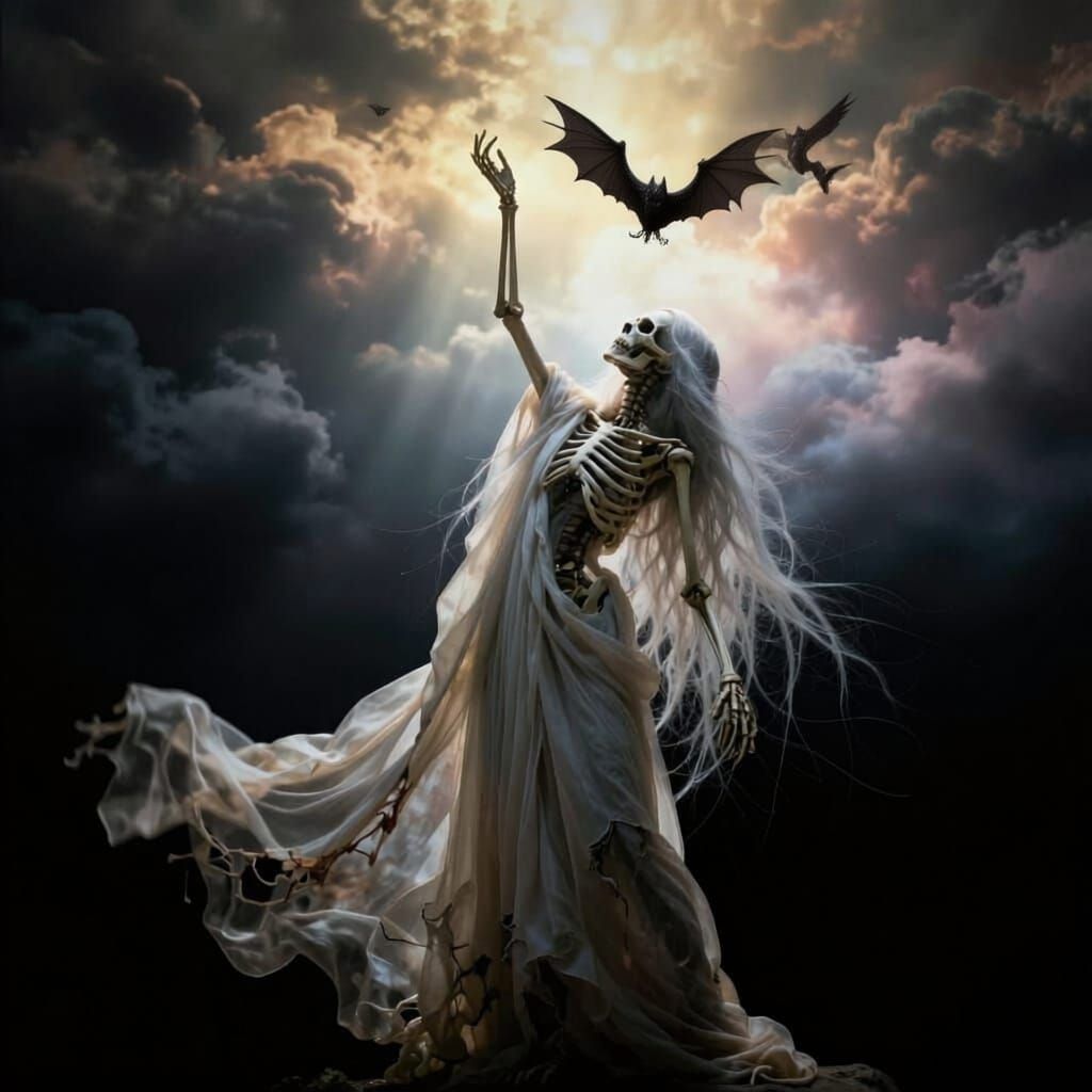 Skeleton Reaching for Divine Sunshine in Flowing Gown