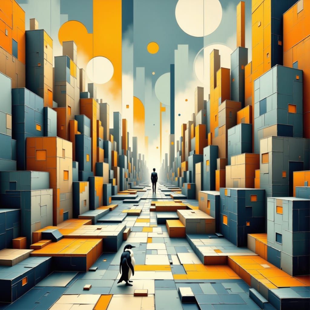 Abstract Cityscape with Penguin in Geometric Style