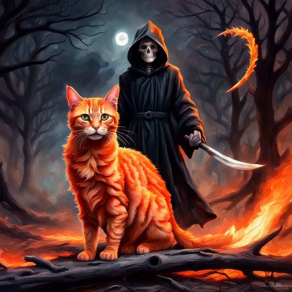 Tabby Cat Grim Reaper in Burning Forest, Pixar Style