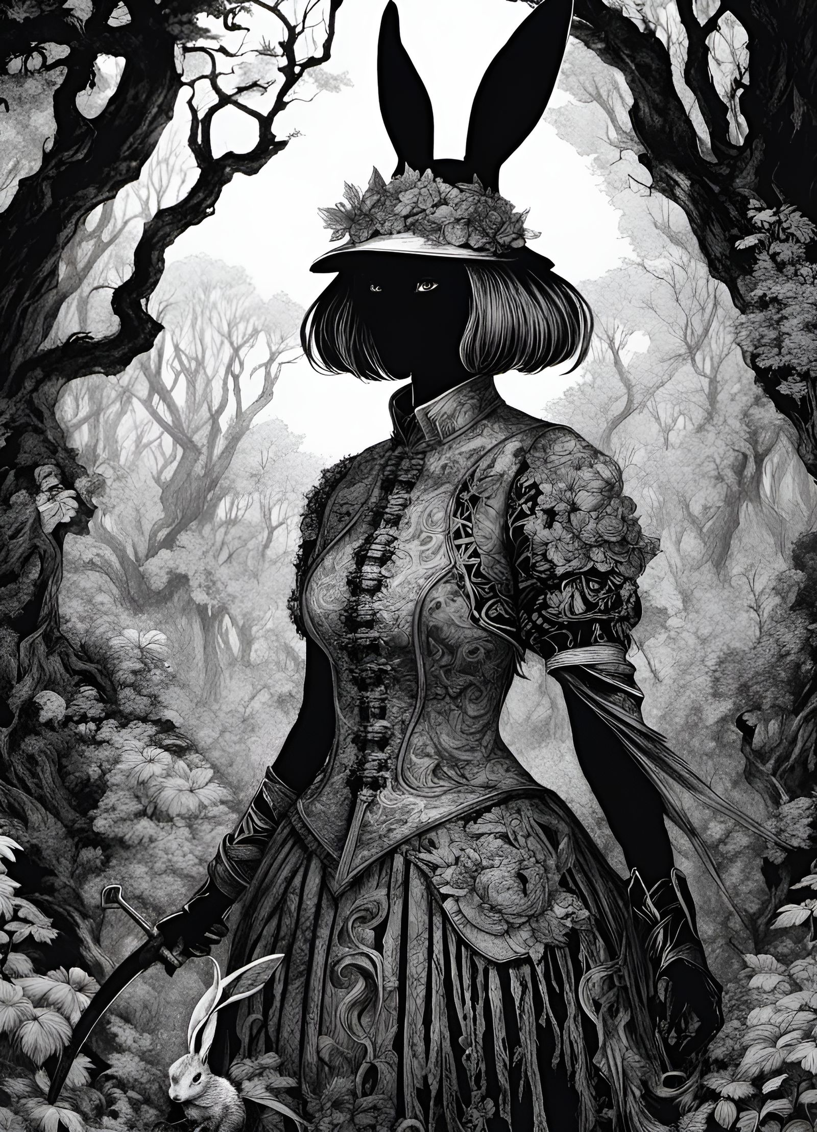 Eerie Rabbit Warrior in Black and White Ink