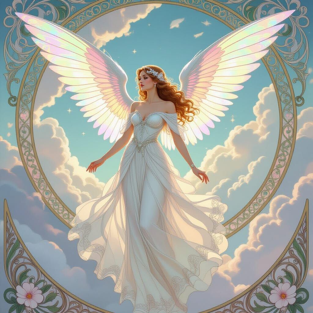 Ethereal Angel in Art Nouveau Gown with Pastel Wings