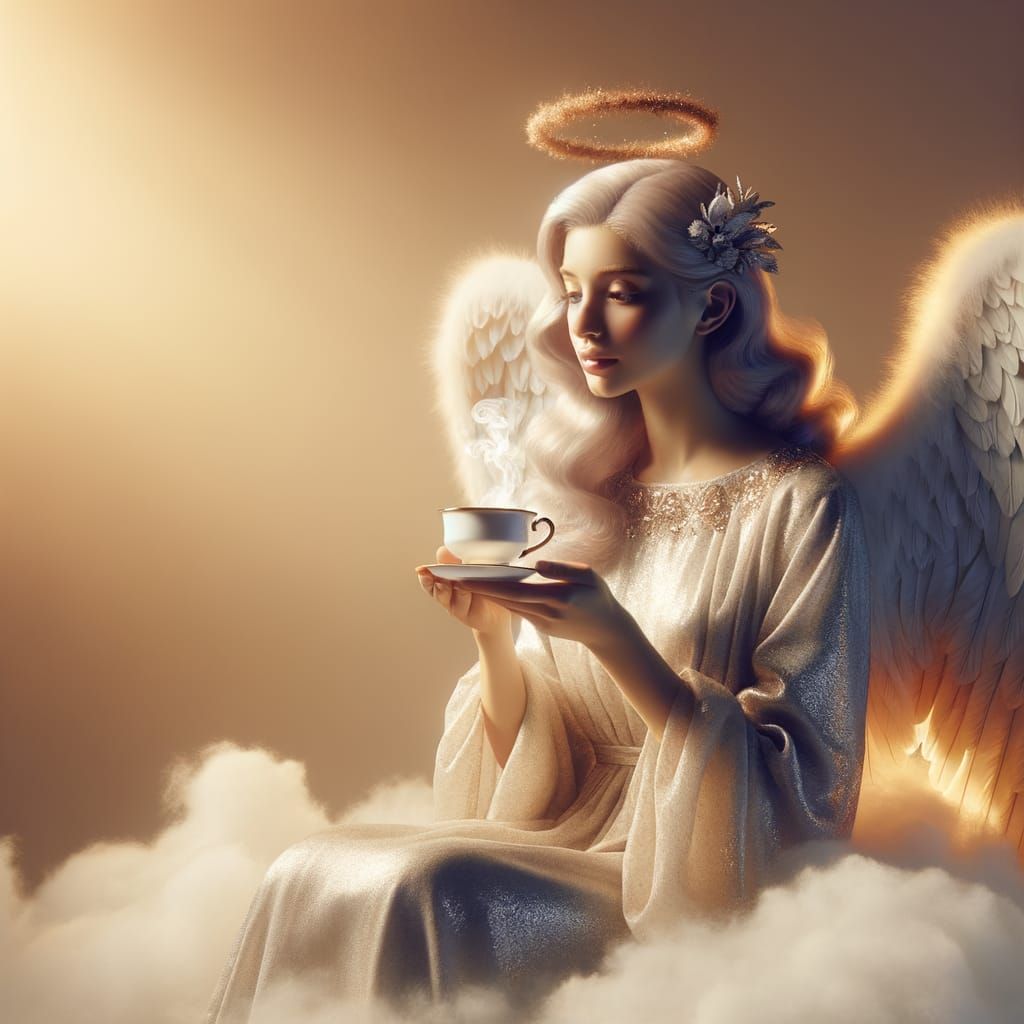 Ethereal Angel Sipping Coffee at Sunrise
