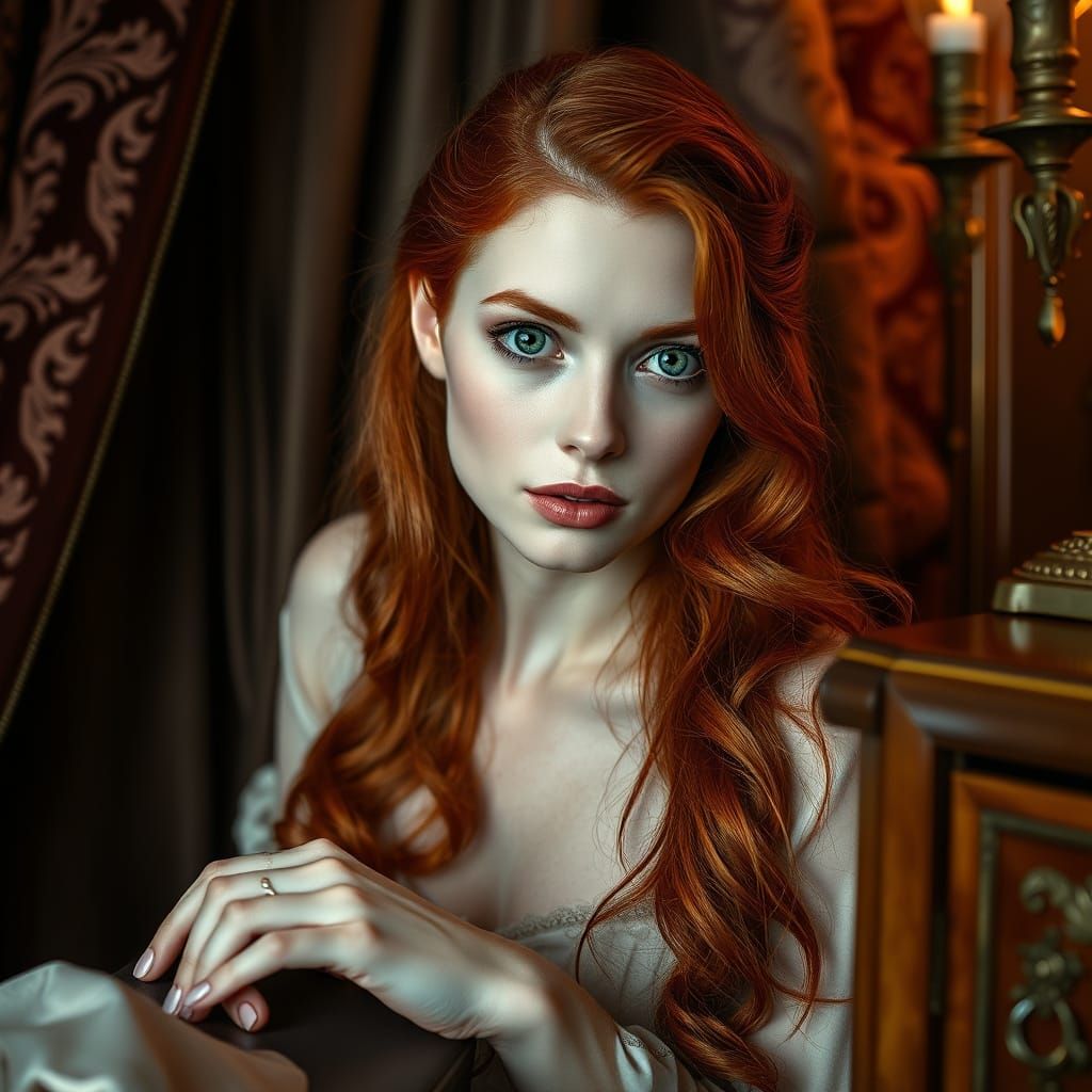 Surprised Redhead in Lavish Wardrobe, Photorealistic Portrai...