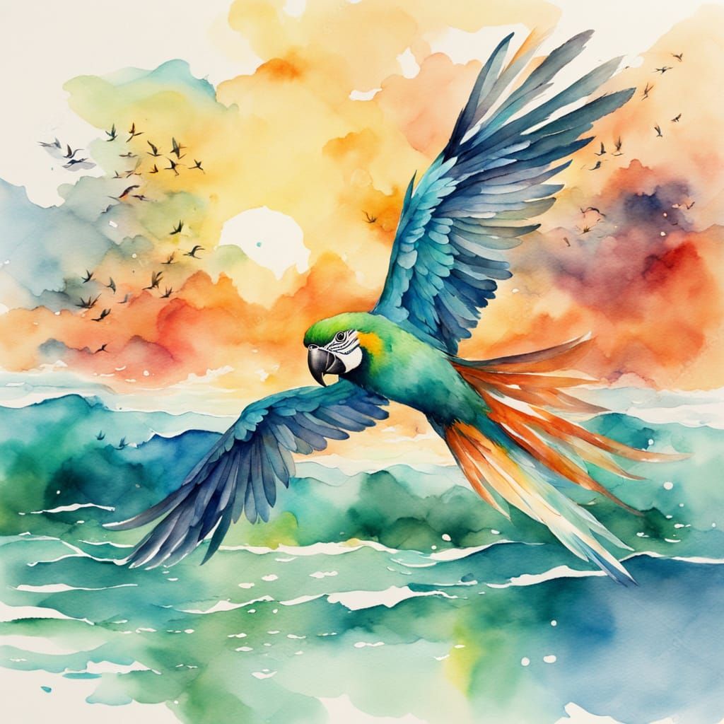 Parrots Fly Over Sea in Watercolor Style